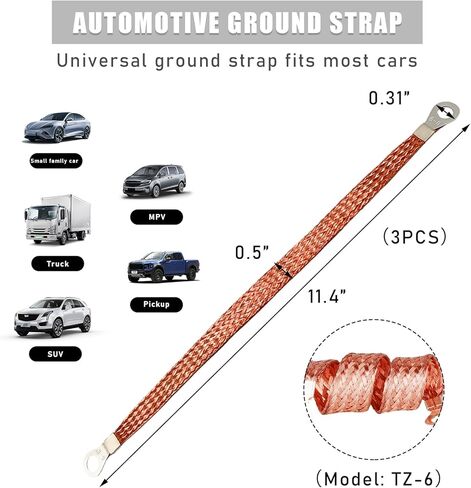 3PCS Automotive Ground Strap, Flat Braided Copper Grounding Cable Straps with Terminal Plugs, Universal Flexible Tinned Copper Braided Engine Ground Straps for Most Cars in Saudi Arabia