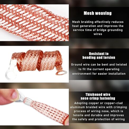 3PCS Automotive Ground Strap, Flat Braided Copper Grounding Cable Straps with Terminal Plugs, Universal Flexible Tinned Copper Braided Engine Ground Straps for Most Cars in Saudi Arabia