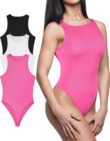 3 Pack Women's Bodysuits, Sleeveless Ribbed Bodysuits Crew Neck Bodysuit Tanks Basic Leotard Tops in Saudi Arabia
