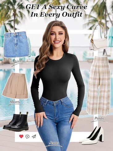 Atbuty Women's Crew Neck Long Sleeve Bodysuit Tummy Control Round Neck Body Suit Basic Bodysuit Shirt Tops in Saudi Arabia