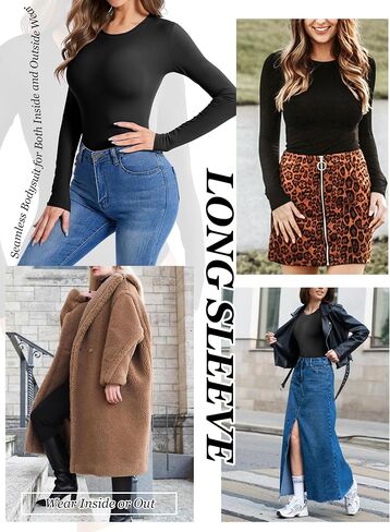 Atbuty Women's Crew Neck Long Sleeve Bodysuit Tummy Control Round Neck Body Suit Basic Bodysuit Shirt Tops in Saudi Arabia