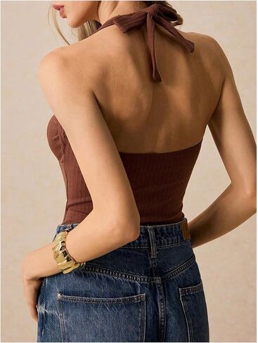 OYOANGLE Women's Ring Linked Ruched Ribbed Knit Halter Bodysuit Tie Back Going Out Body Suits in Saudi Arabia
