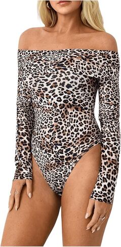 MakeMeChic Women's Off The Shoulder Tops Leopard Print Bodysuit Tops Long Sleeve Slim Fit Leotard Top in Saudi Arabia
