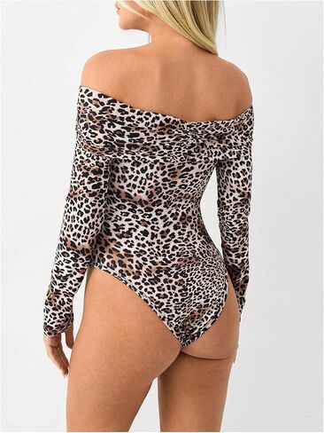 MakeMeChic Women's Off The Shoulder Tops Leopard Print Bodysuit Tops Long Sleeve Slim Fit Leotard Top in Saudi Arabia