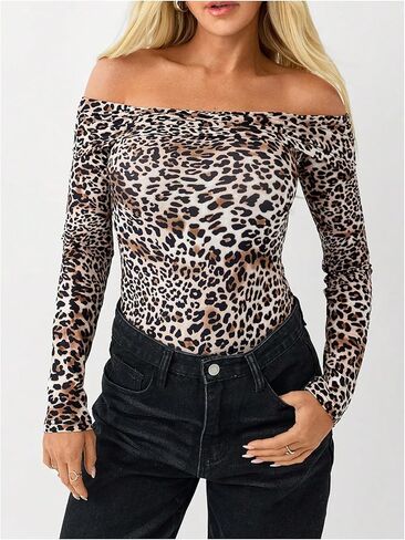 MakeMeChic Women's Off The Shoulder Tops Leopard Print Bodysuit Tops Long Sleeve Slim Fit Leotard Top in Saudi Arabia
