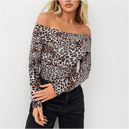 MakeMeChic Women's Off The Shoulder Tops Leopard Print Bodysuit Tops Long Sleeve Slim Fit Leotard Top in Saudi Arabia