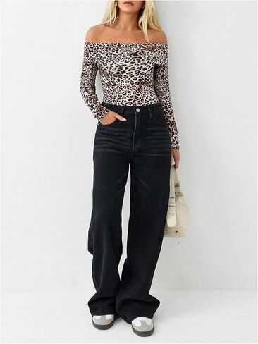 MakeMeChic Women's Off The Shoulder Tops Leopard Print Bodysuit Tops Long Sleeve Slim Fit Leotard Top in Saudi Arabia