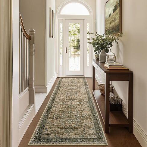 Moody Congended 2x8 Runner Rugs لمدخل الممرات ، ميدالية عتيقة عداء السجاد المطبخ/غرفة النوم بجانب السرير/غرفة الغسيل/الحمام منخفضة الوبر قابلة للغسل ، بني متعدد/الزيتون in Kuwait