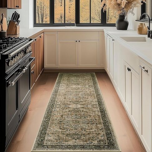 Moody Congended 2x8 Runner Rugs لمدخل الممرات ، ميدالية عتيقة عداء السجاد المطبخ/غرفة النوم بجانب السرير/غرفة الغسيل/الحمام منخفضة الوبر قابلة للغسل ، بني متعدد/الزيتون in Kuwait