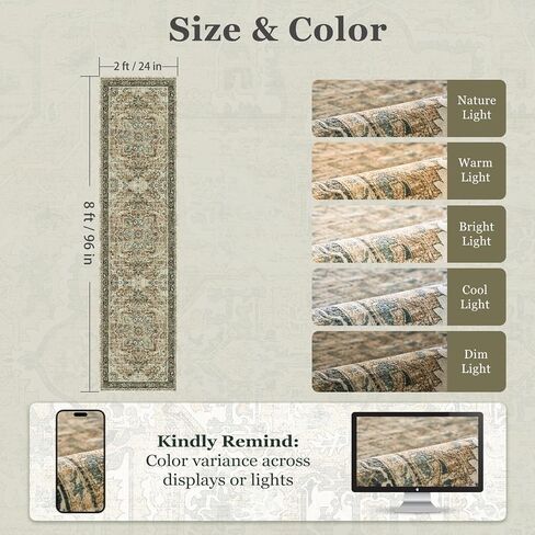 Moody Congended 2x8 Runner Rugs لمدخل الممرات ، ميدالية عتيقة عداء السجاد المطبخ/غرفة النوم بجانب السرير/غرفة الغسيل/الحمام منخفضة الوبر قابلة للغسل ، بني متعدد/الزيتون in Kuwait
