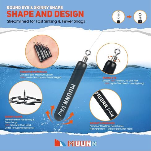 10 Pack Tungsten Free Rig Skinny Drop Shot Weights,Raindrop Free Rig Fishing Sinkers kit for Drop Shot Rig,97% Density Tungsten Fishing Weights in Kuwait