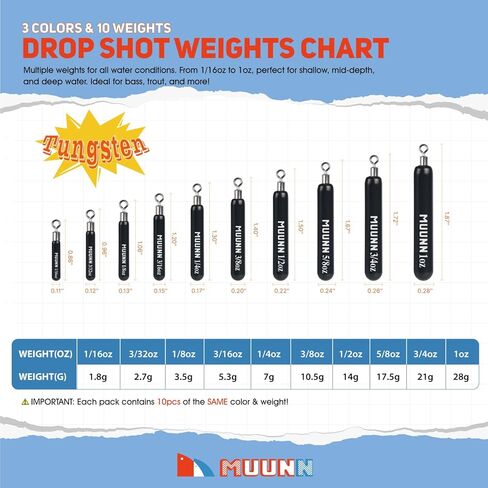 10 Pack Tungsten Free Rig Skinny Drop Shot Weights,Raindrop Free Rig Fishing Sinkers kit for Drop Shot Rig,97% Density Tungsten Fishing Weights in Kuwait