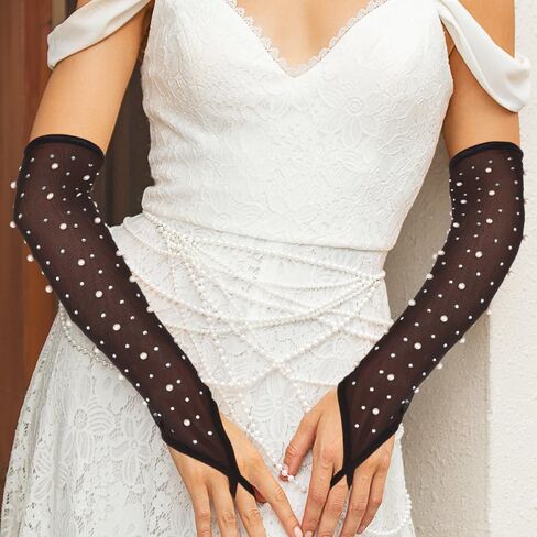Rhinestone Fingerless Long Gloves Bridal Wedding Pearl Gloves for Women in Kuwait