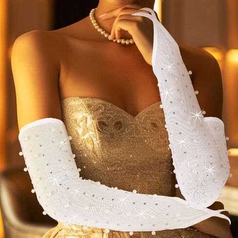Rhinestone Fingerless Long Gloves Bridal Wedding Pearl Gloves for Women in Saudi Arabia