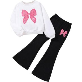Girl's 2 Piece Cute Outfits Bow Print Crewneck Long Sleeve Sweatshirt and Flared Pants Clothing Set