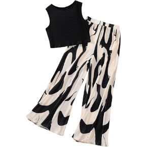 Verdusa Girl's 2 Piece Outfits Sleeveless Tank Tops and Wide Leg Pleated Pants Sets