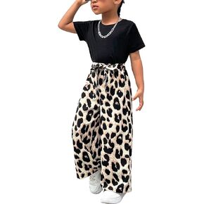 Floerns Toddler Girl's 2 Piece Outfit Tee Shirts and Leopard Paperbag Waist Wide Leg Pants Set