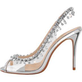 sexytag Women's Crystal Clear Heels Jewel Embellished Peep Toe Stiletto Slingback High Heels Sandals