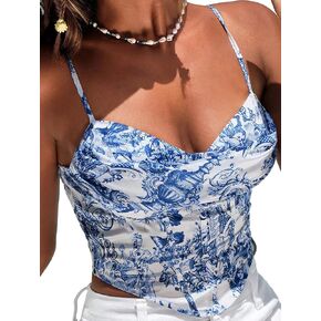 WDIRARA Women's Floral Print Cowl Neck Asymmetrical Hem Crop Cami Top Party Club Camisole