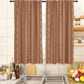 zokyer Boho Kitchen Curtains Brown and White Geometric Modern Farmhouse Abstract Small Short 27.5" W x 39" L Window Treatment Tiers for Bedroom Living Room Bathroom 2 Panels Rod Pocket Drapes
