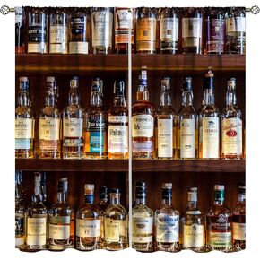 Whiskey Kitchen Curtains, Vintage Country Style Wine Bar Mixer Rack Beautiful Window Treatments Drapes for Living Room Bedroom for Café, 42x45in【Decor】