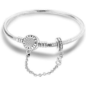 KUNSIR 925 Sterling Silver Snake Chain Bracelet with Safety Chain Charm Bracelets for Women Teen
