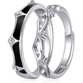 Sterling Silver Couples Matching King Queen Promise Rings for Her, Him, Women, Men Engagement Wedding Adjustable Ring, Gift Wrap