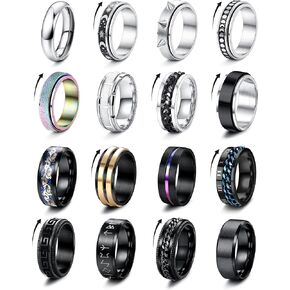 Besteel 16 Pcs Surgical Stainless Steel Band Rings for Men Women Fidget Rings Spinner Rings for Anxiety Relief Band Rings Wedding Pormise Engagement Rings Set Size 7-13