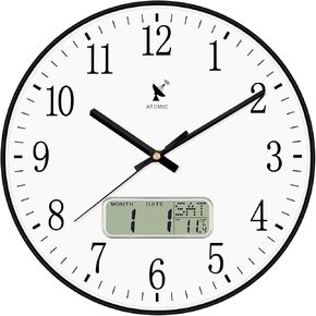 Lumuasky Atomic Atomic Tenshlog Wall Clock -12 "DST AUTO مع شاشة LCD للتقويم الدائم ودرجة حرارة البطارية الصامتة غير المحسوبة تعمل على مدار الساعة الحديثة.