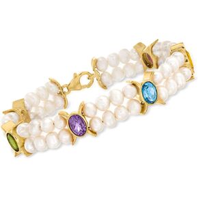 Ross-Simons 4.5-5.5mm Cultured Pearl and 4.80 ct. t.w. Multi-Gemstone Bracelet in 18kt Gold Over Sterling