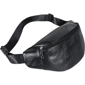 Geestock Black Leather Fanny Pack, Waterproof Waist Bag for Men&Women, Belt Bag, Fashion Crossbody Bags for Running, Hiking, Cycling, Outdoor Sports