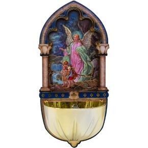 Guardian Angel Holy Water Font | Catholic Home Wall Decoration | Great Christian Gift for Baptism and First Holy Communion | Wooden Base with Full-Color Image of Angel Guiding Children