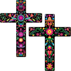 Pinkunn 2 Pcs Floral Cross Wall Decor Mexican Home Decor Hand Painted The Ofrenda of the Dead Day Sugar Skull Art Spanish Style Crucifix Wall Cross for Home Room Church Decoration