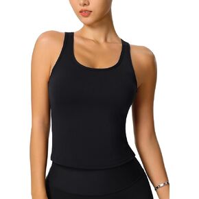 Womens Yoga Crop Tank Tops with Sewn in Padded Long Line Bra Sport Fitness Workout Basic Camisole