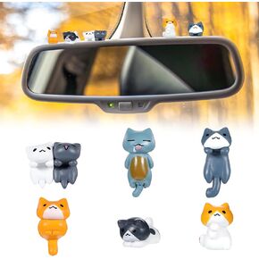 6 Pcs Car Cute Cat Decor Funny Cat Rearview Mirror Ornaments Decorations Mini Cat Figurines Dashboard Decorations Cute Car Mirror Interior Decors (Orange, Gray, White)