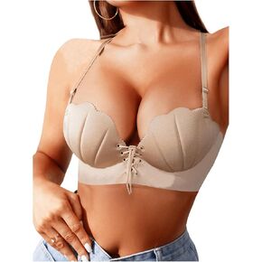 OYOANGLE Women's Bra Lace Up Wireless Push Up Padded Bras Adjustable Straps Bralettes