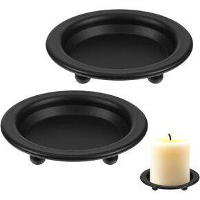 2Pcs Black Iron Plate Candle Matte Metal Saucer Style Candle Holder Elegant Blacksmith Pillar Plate for Pillar Scented Flameless Ball Candles Decorative Stand Table Centerpiece