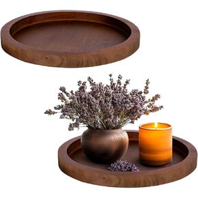 Wooden Tray Candle Holder for Pillar Candle Set of 2, Farmhouse Woody Plates, Rustic Round Wooden Candle Stand, Brown Wood Tealight Tray Decorative for Living Room, Table Centerpiece