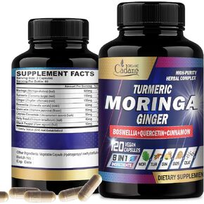 Organic Cadane Moringa Capsules with Turmeric, Boswellia, Quercetin, Ceylon Cinnamon, Holy Basil, Ginger, and Black Pepper - 8in1 Supplements - 120 Veggie Caps for 2 Months Supply