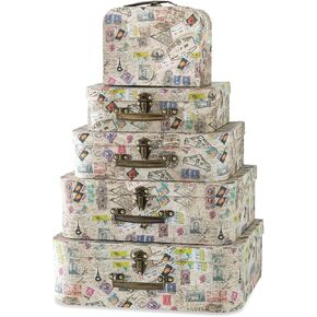 Soul & Lane Decorative Suitcase Storage Boxes with Handle, Set of 5 Cardboard Vintage Suitcases and Travel Décor, Paperboard Luggage Props, Travel-Themed Plane Party Decoration