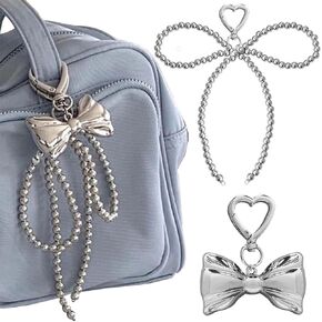 Silver Bow Keychain Charms Keychain Accessories Kawaii Backpack Keychains Pearl Bows Bowtie Bag Charms Beaded Bowknot Phone Charm Key Ring Key Chains Women Cute Key Chain Key Rings for Car Keys