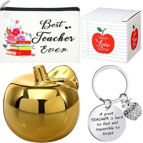 Outus 3 Pcs Teacher Appreciation Gifts Bulk Golden Apple Gift Best Teacher Cosmetic Bag and Metal Keychain Award for Women Men Graduation Office Decor