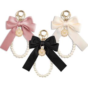 Bow Keychain Pearl Wristlet Girly Keychain For Purse Backpack 3Pcs Cute Accessories For Car Keys Wristlet Keychain For Women Girls Friends Pink White Black