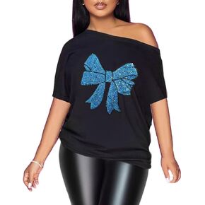 PESION Women Off The Shoulder Tops Sexy Shiny Metallic Shirts Short Sleeves Fashion Graphic T-Shirts Blouses in Saudi Arabia
