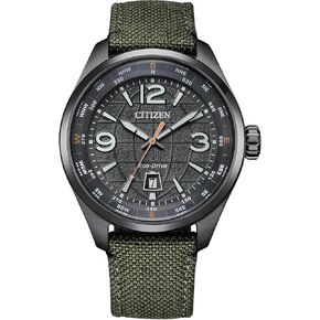 Citizen Men's Eco-Drive Weekender Sport Casual ، ساعة من الفولاذ المقاوم للصدأ الرمادي ، حزام نايلون أخضر ، 3 يد ، التاريخ (النموذج: AW1837-11H)