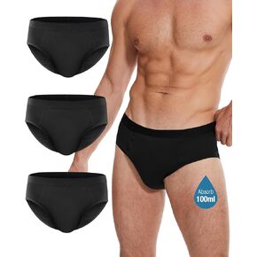 Incontinence Underwear for Men, Washable Leak-Proof Reusable Heavy Flow, Cotton Briefs, 3 Pack (Black, Large)