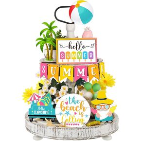12 Pcs Tiered Tray Decor Set - Hello Summer Hawaii Farmhouse Rustic Beach Gnome Wood Sign Items for Home Table Kitchen Shelf Decor