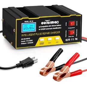 Car Battery Charger, Outerman Smart 12V 24V Auto Lead-Acid Battery Charger with LCD Display and Pulse Repair for Motorcycles, Cars, Trucks, Lawnmowers (Orange)