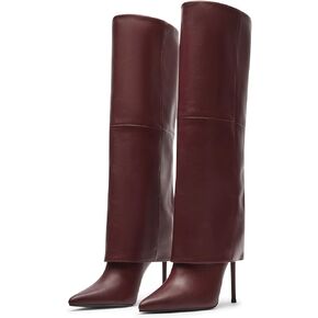 KaroNairy Fold Over Boots For Women Pointed Toe Knee High Boot Stiletto Heel Wide Calf Booties Long Boots Tall Boots