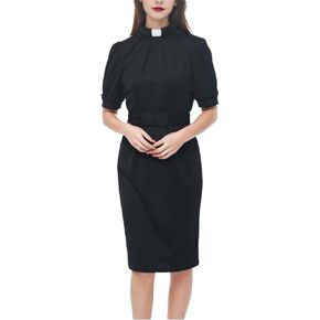 Women's Clergy Dress Short Sleeve Pencil Dress Tab Insert Collar Priest Clergy Dresses with Belts
